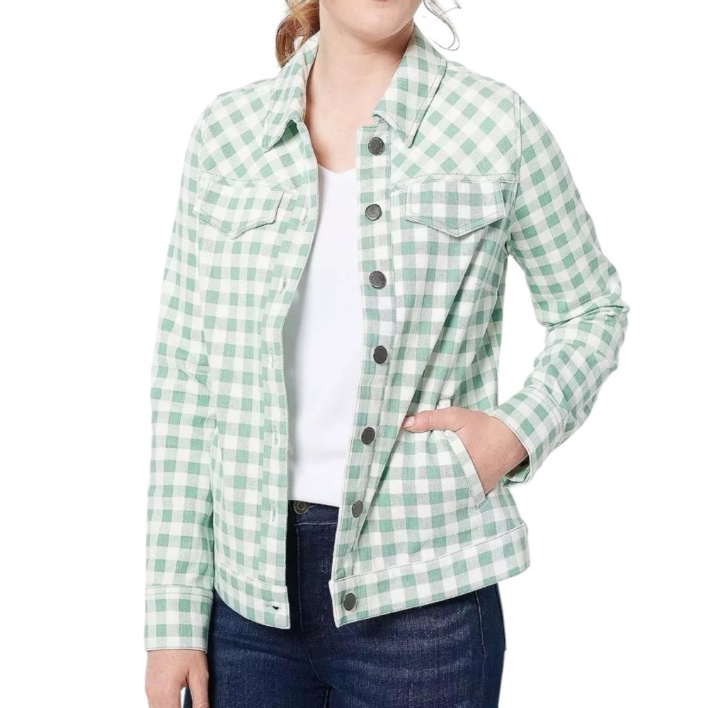 Isaac Mizrahi True Denim Gingham Jean Jacket Soft Spruce - Picture 2 of 9
